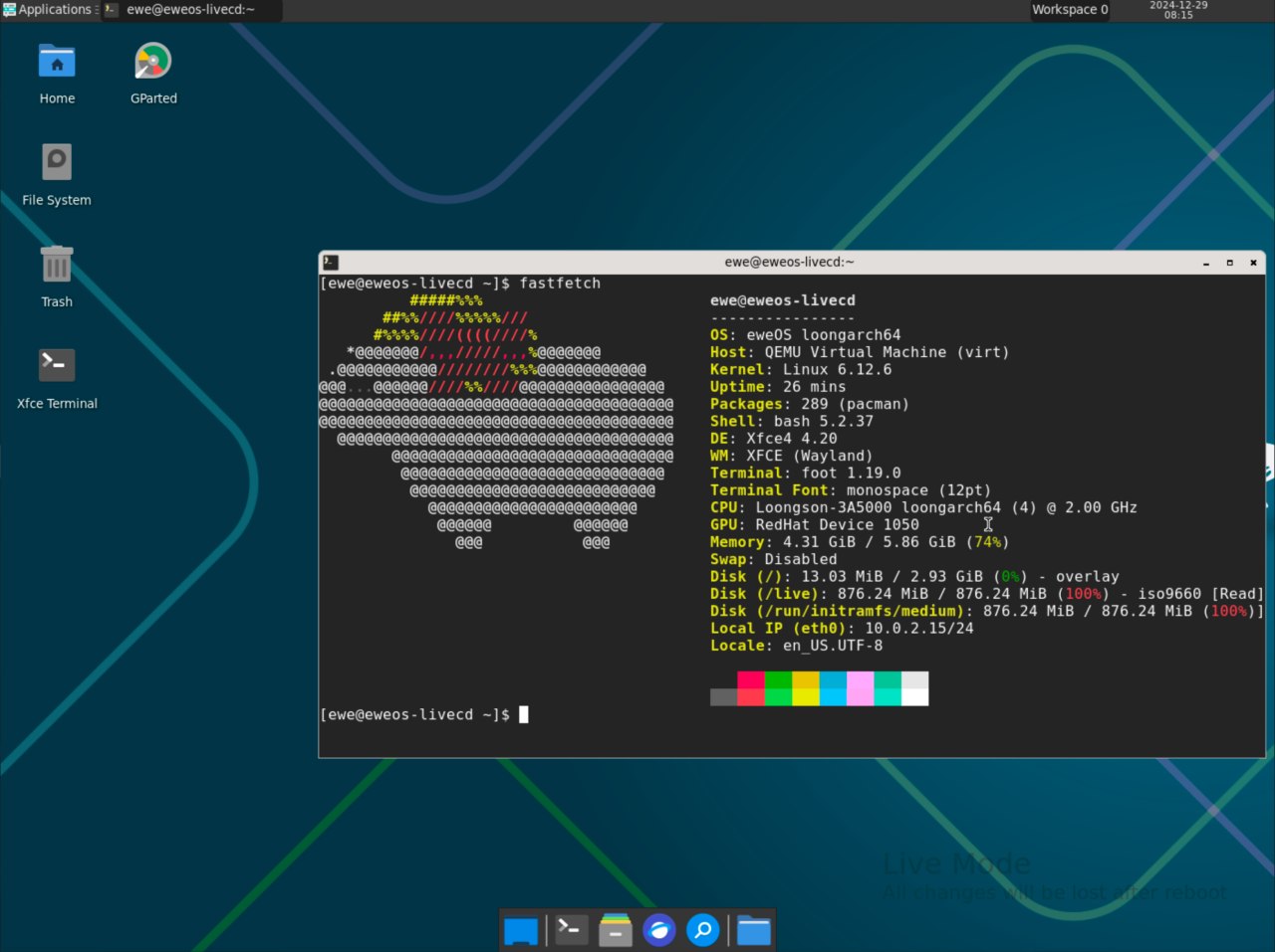 eweOS LoongArch64 running on QEMU